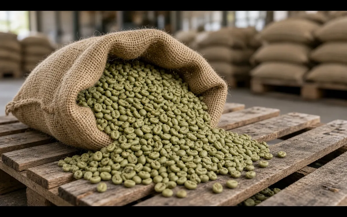 Café verde en un saco de yute